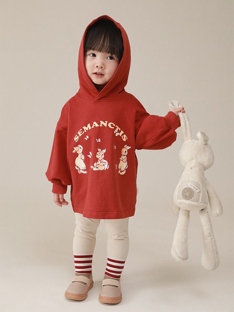 連帽寬鬆長袖帽T-可愛兔兔-紅色