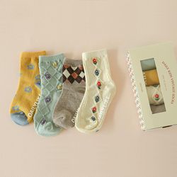 韓國 Daily Like - 兒童襪子/中筒襪4入組-復古花邊01