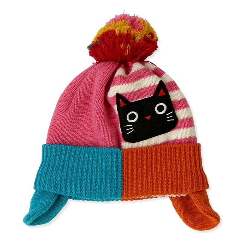 日本 ZOOLAND - 防寒刷毛保暖針織毛帽-小貓條紋撞色-粉x橘 (頭圍(50-54cm))