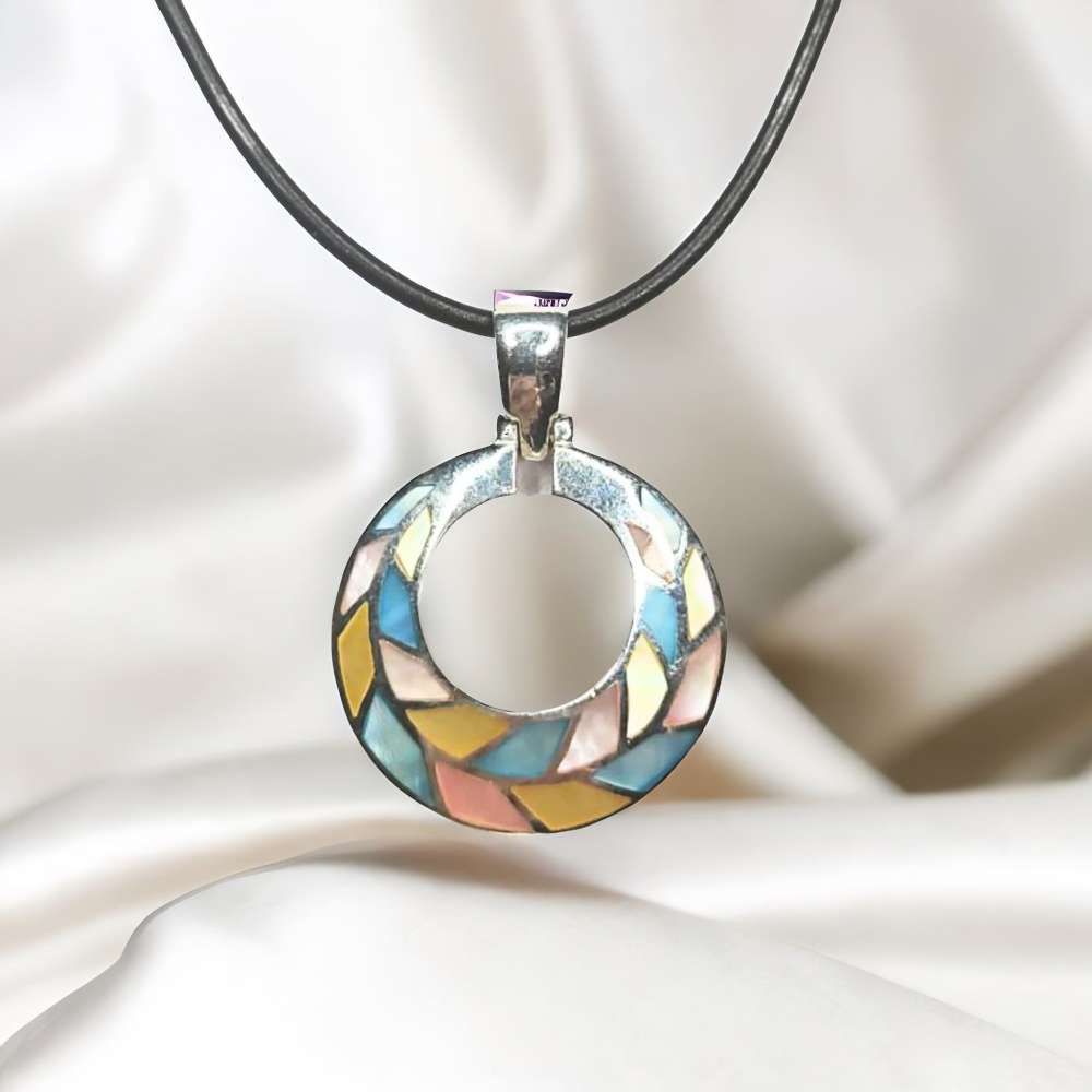 拼接格紋圓形皮繩項鍊 (F SIZE)