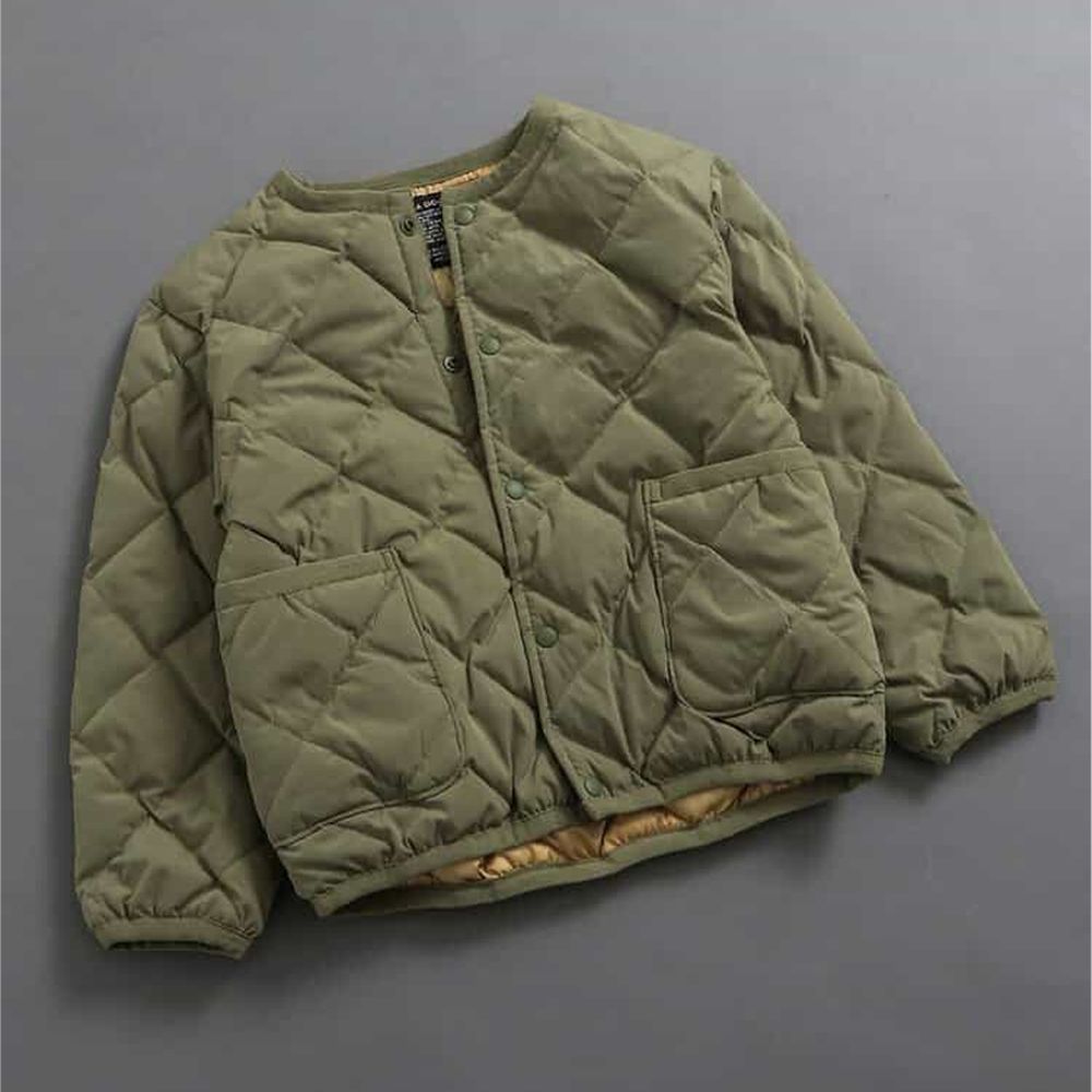 [可機洗]無領簡約絎縫保暖外套-軍綠