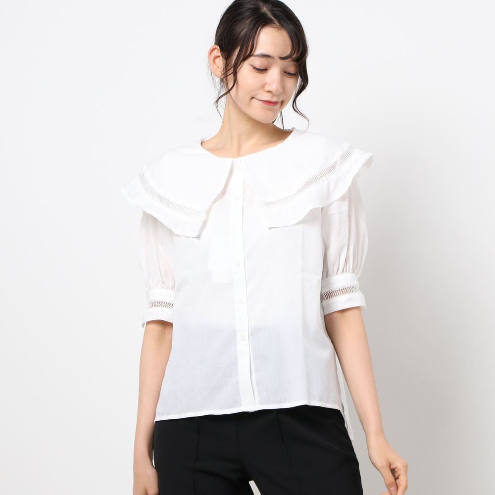 日本 Riche Glamour - 大荷葉領小鏤空短袖襯衫-白