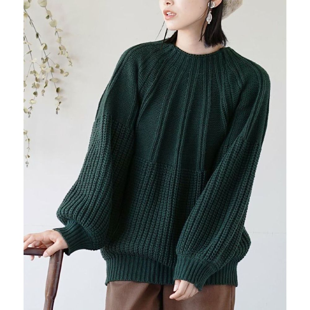 日本 zootie - 立體粗細拼接針織毛衣-深綠