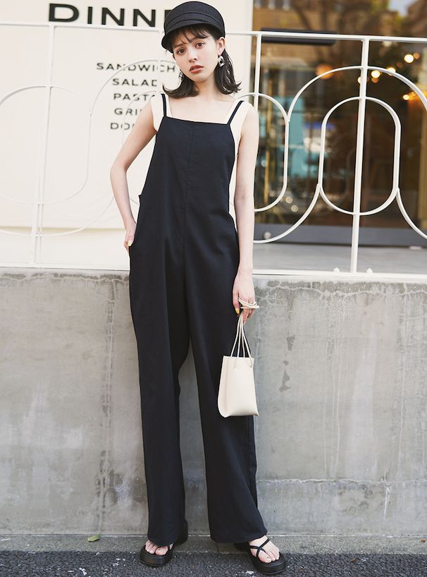 日本 GRL - 簡約棉麻透氣吊帶褲-黑