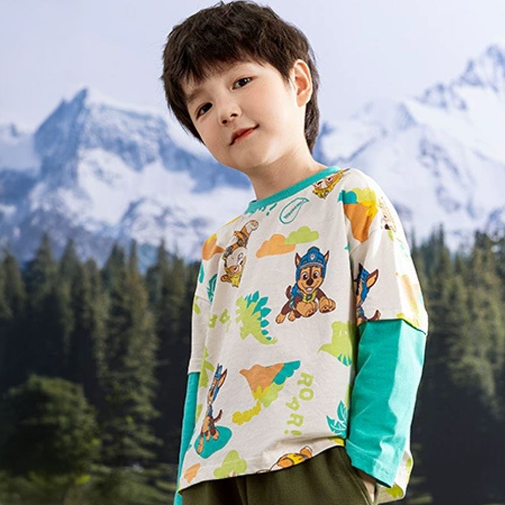 卡通汪汪隊純棉假兩件長袖上衣-卡通人物阿奇/小礫-米杏印花