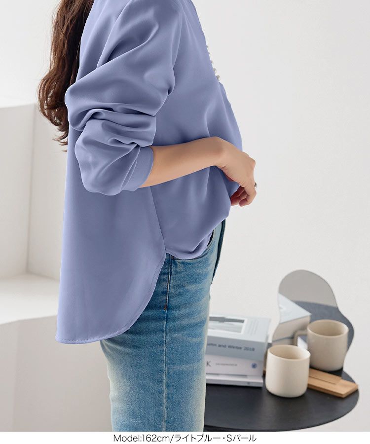 日本 Kobe Lettuce - 優雅V領珍珠釦長袖上衣-淺水藍