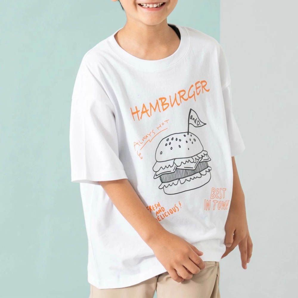 100%棉 塗鴉系食物印花短袖上衣-漢堡-白