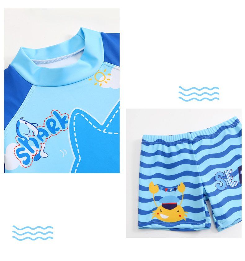 男寶童趣卡通圖短袖泳衣套裝(三件組)-潛水鯊魚-藍色-泳帽、泳衣、泳褲