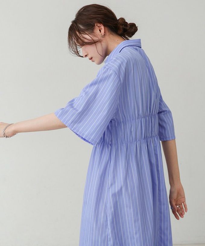 日本 Bab - 時尚抓皺襯衫式五分袖洋裝-條紋-藍