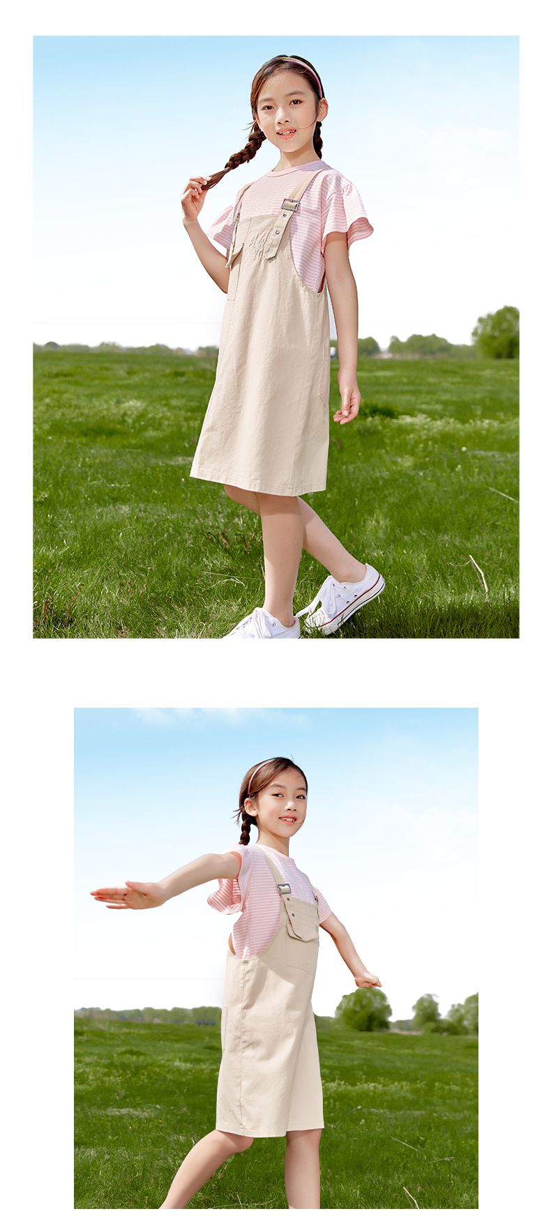 吊帶裙短袖套裝-條紋上衣+小口袋吊帶裙-黑+白+粉