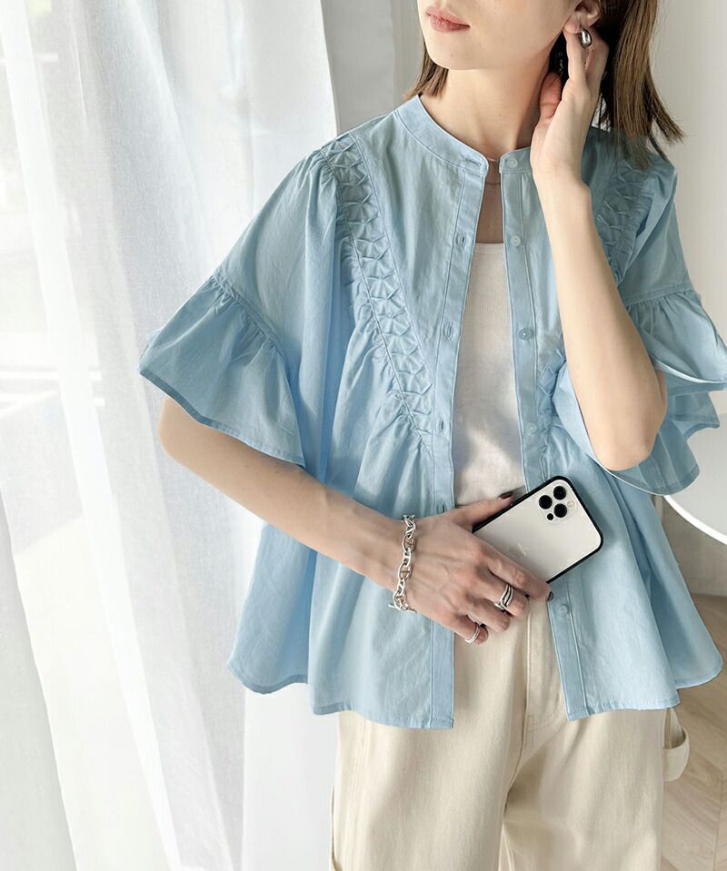 日本 Classical Elf - 2WAY透氣荷葉袖圓領襯衫-白