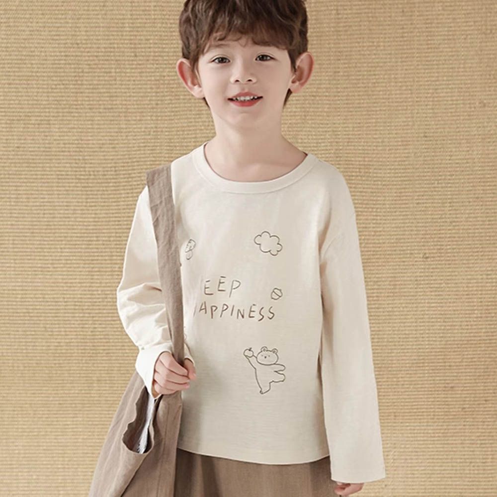 純棉竹節紋圓領落肩長袖上衣-繪畫印花-杏色