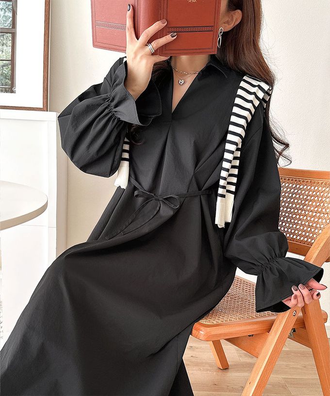 日本 Classical Elf - 糖果袖束腰修身立領長袖洋裝-黑