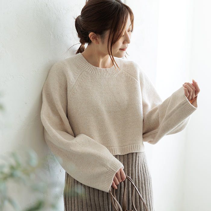 日本 ihuu - [熱銷款] 針織拼接後綁帶氣球袖毛衣-淺灰