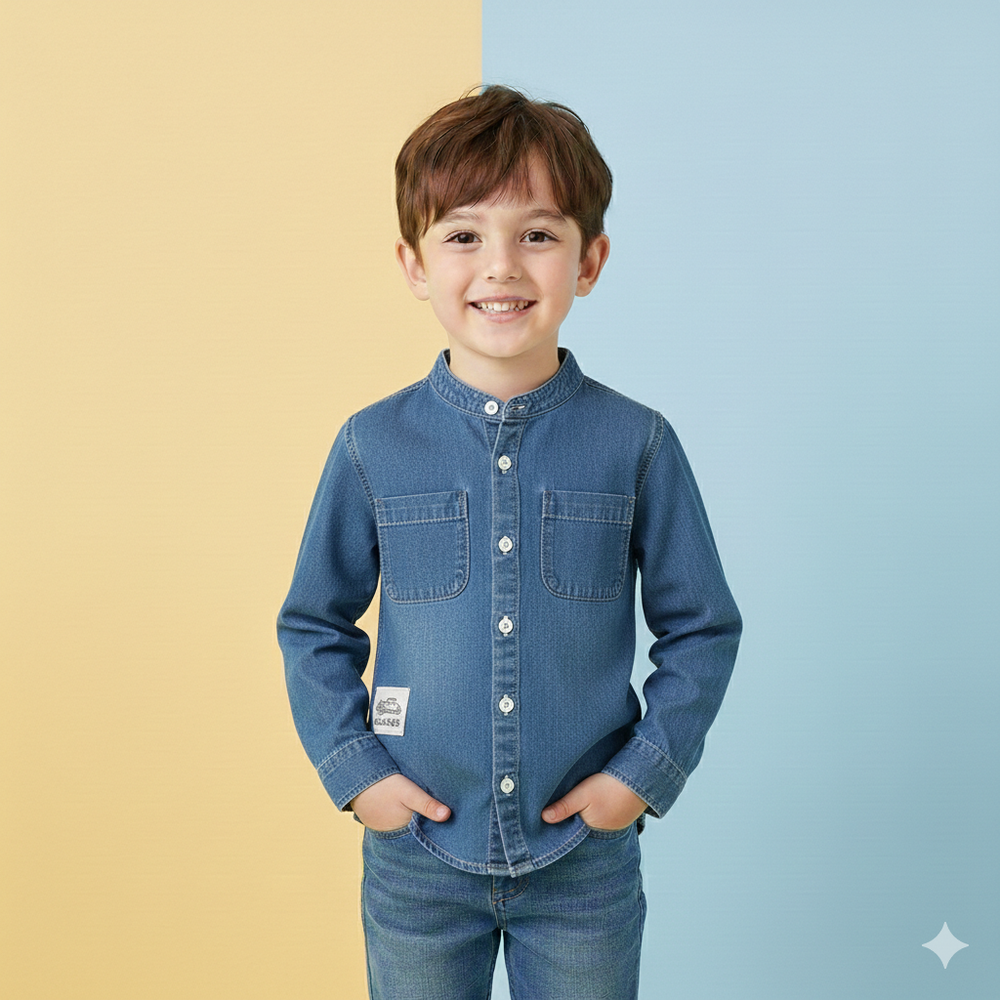 立領牛仔長袖襯衫-不規則口袋-深藍