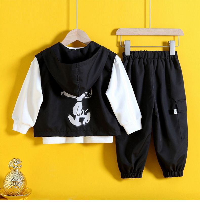 卡通人物史努比帥氣工裝長袖套裝(三件組)-黑色-背心+上衣+長褲