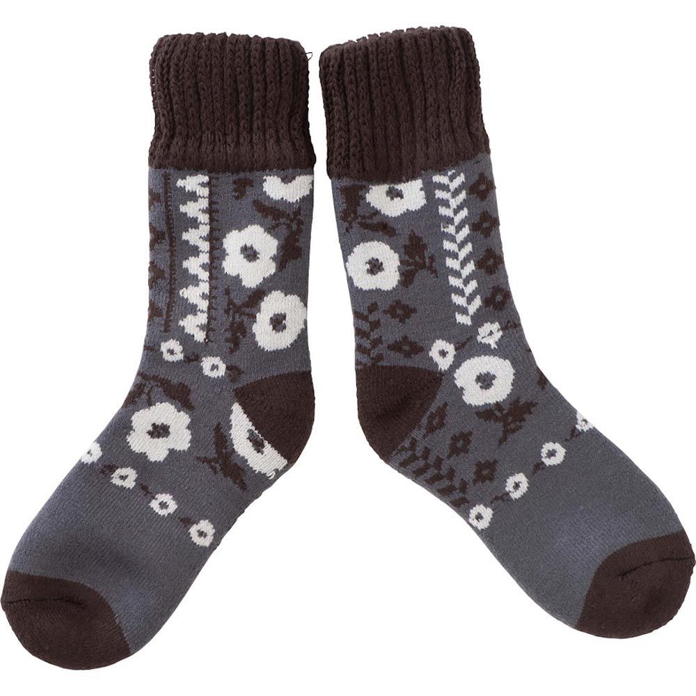 日本小泉 - 北歐風刷毛家居保暖襪-小花朵朵-石墨灰 (M(-24.5cm))