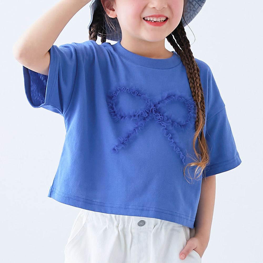 俏麗薄紗點綴短袖上衣-蝴蝶結-寶藍