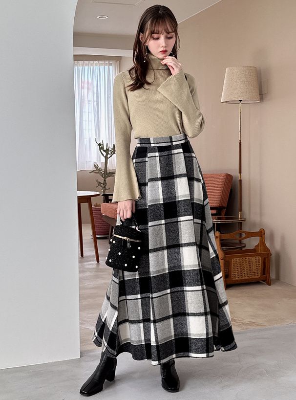 日本 GRL - 定番格紋份量感傘狀長裙-黑白