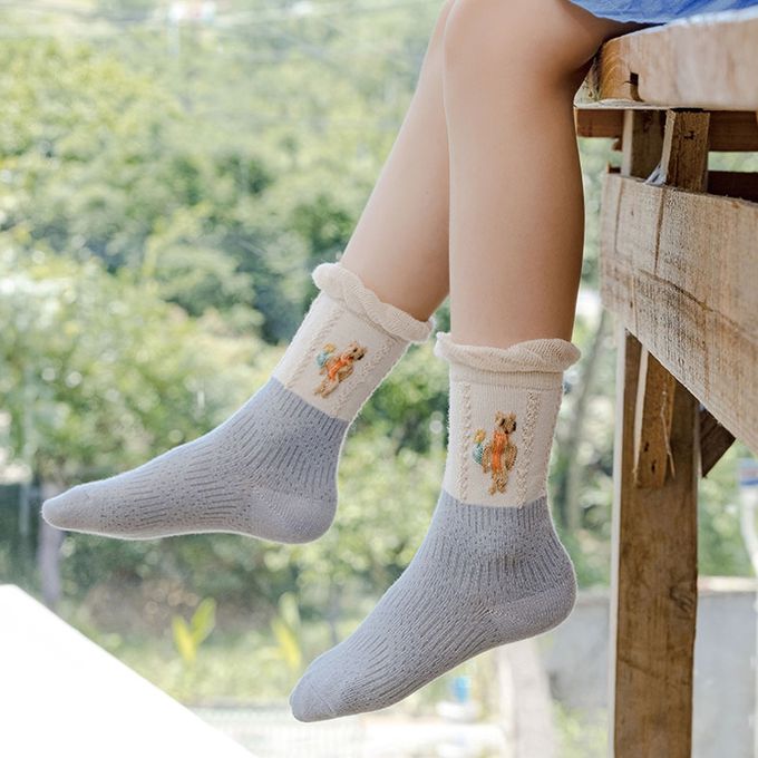 腳ㄚ子 - 兒童棉質中筒襪-藍色風鈴草