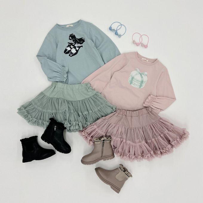 日本 Lycee mine - 夢幻印花荷葉縮口長袖上衣-甜美馬卡龍-粉紅