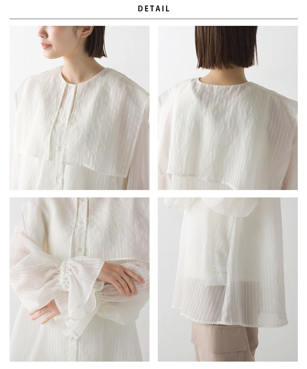 日本 OMNES - 空氣感翻領透膚糖果袖襯衫-暖陽橘