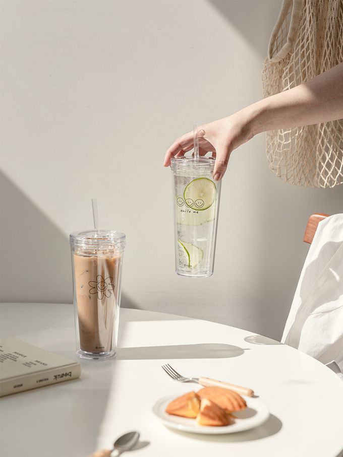 韓國 SSUEIM - 極簡ins吸管冷飲杯/環保杯500ml-小花款