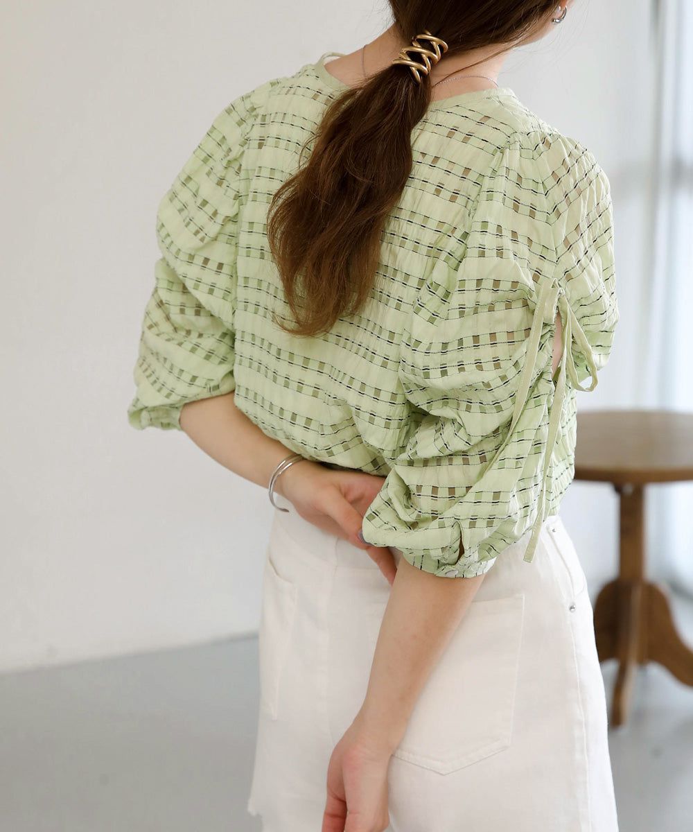 日本 Bab - 甜美格紋抽繩澎澎袖上衣-米杏