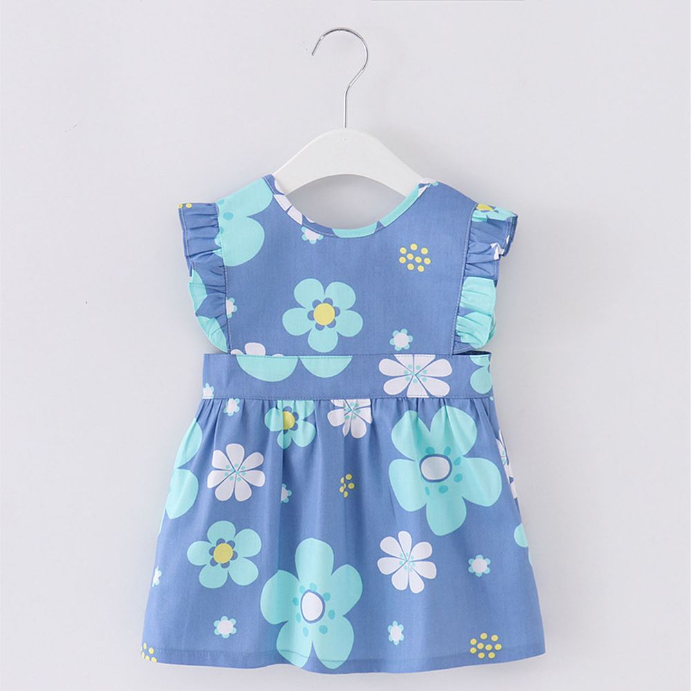 無袖兒童公主裙圍裙-滿滿花朵-藍色 (100cm(2-4歲))