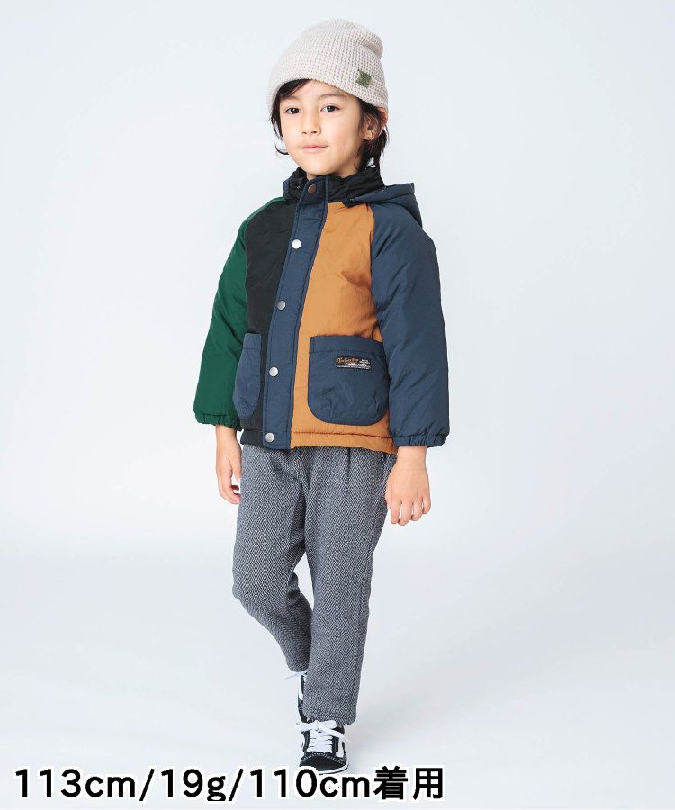 日本 BREEZE - 鋪棉保暖連帽外套-異色拼接-綠x藍