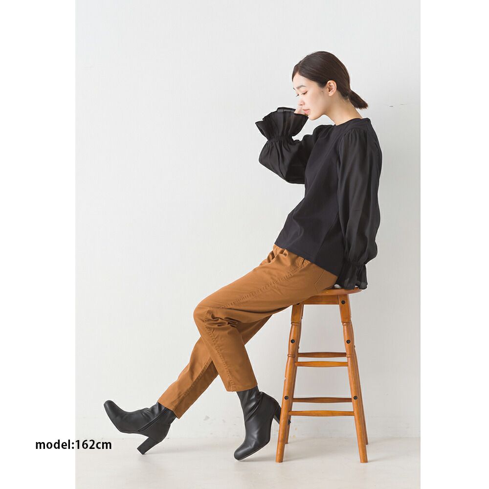 日本 OMNES - 圓領拼接光澤感糖果袖上衣-黑