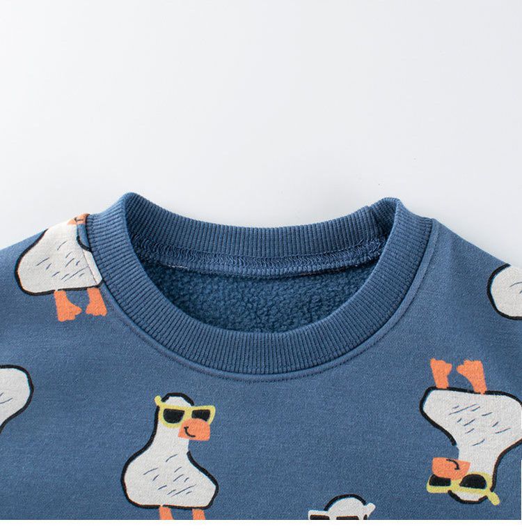 加絨棉質圓領長袖上衣/大學T-帥氣鴨子-海軍藍