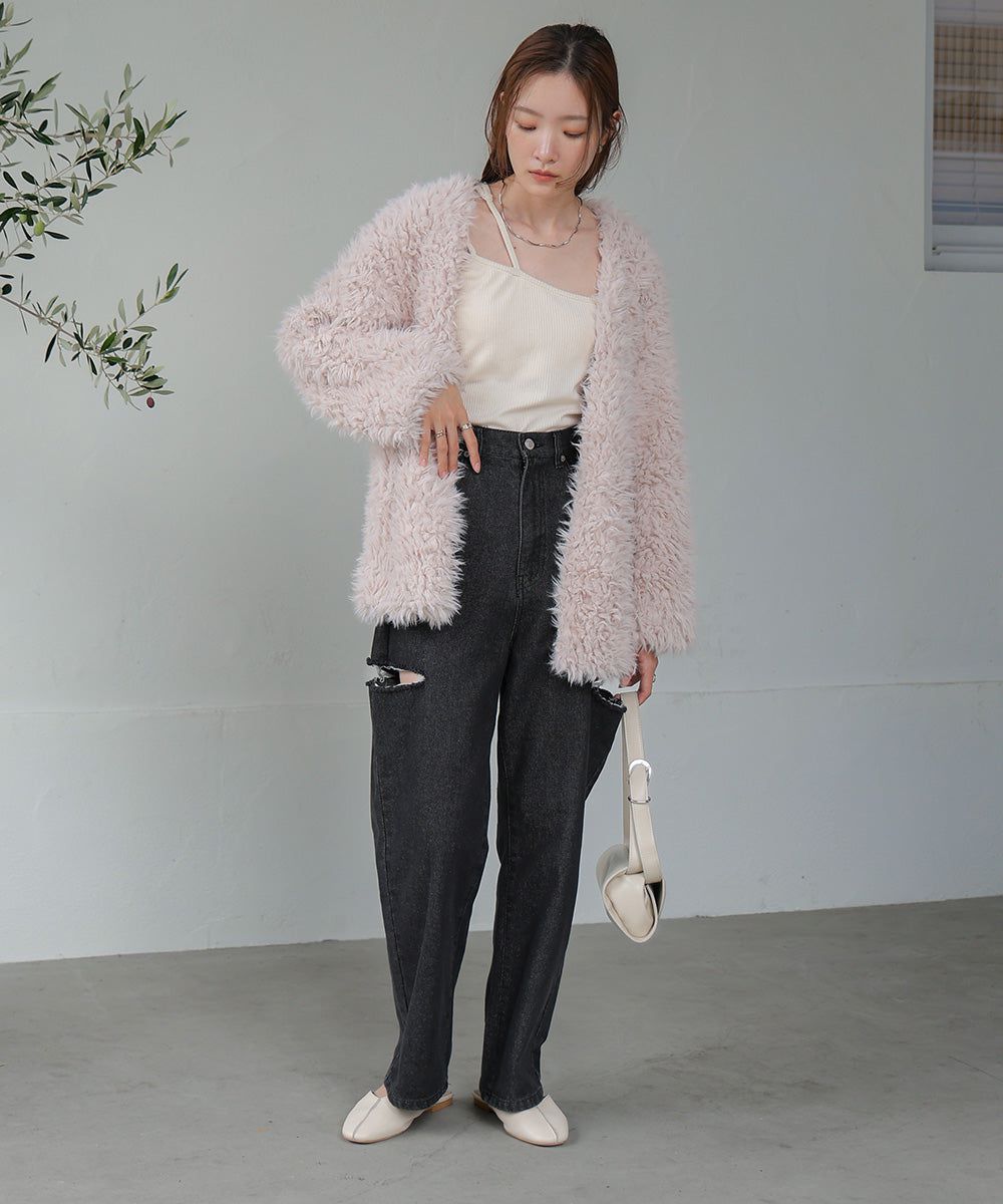 日本 Bab - 蓬鬆存在感絨毛開襟外套-淺粉紅