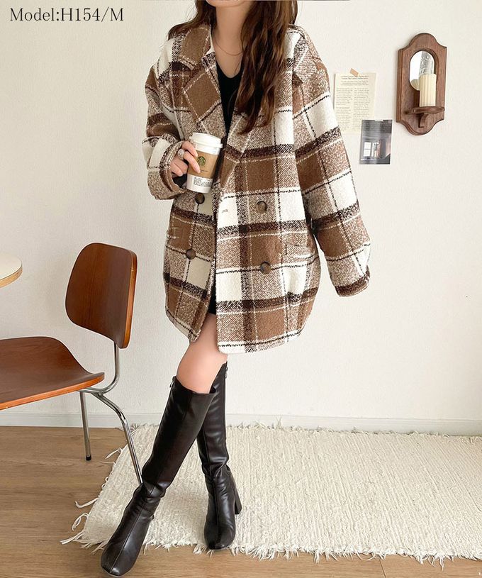 日本 Classical Elf - 亮麗格紋翻領廓形中長版大衣-焦糖棕