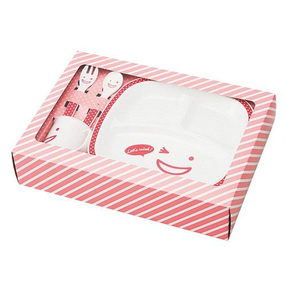 日本 TAKENAKA - 日本製俏皮微笑小童餐具四件組-眨眼-紅-分隔餐盤+湯匙+叉子+水杯