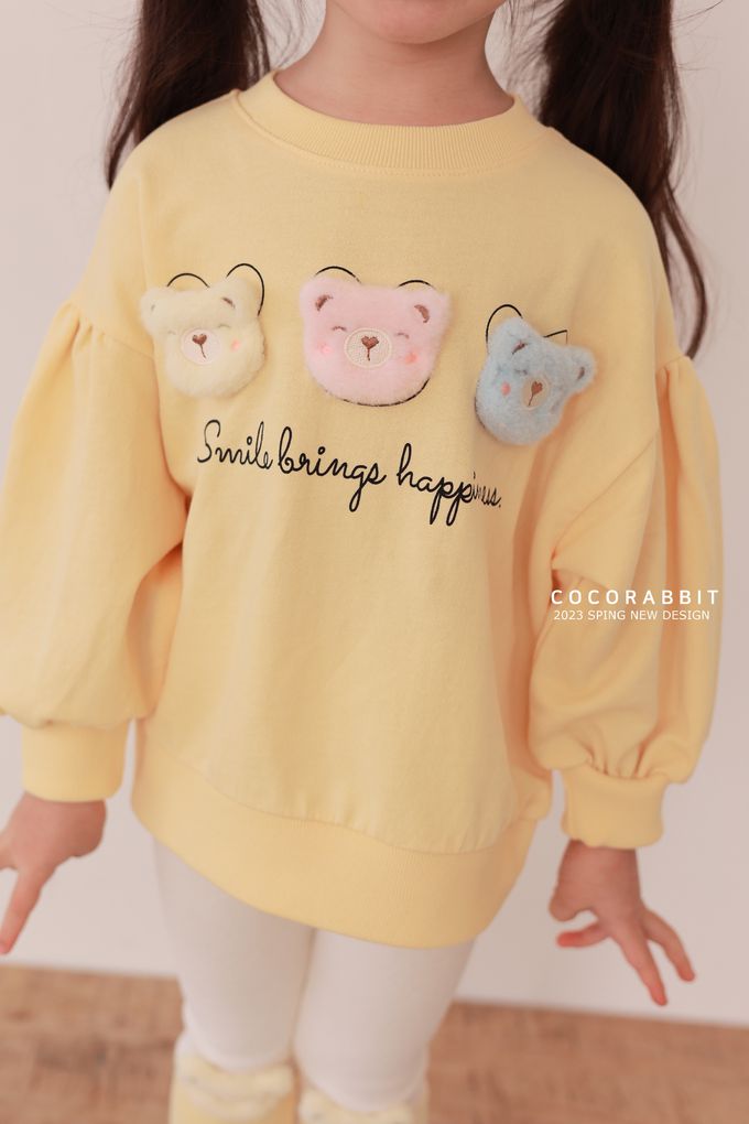 韓國 Coco rabbit - 三隻毛絨熊點綴圓領長袖上衣-黃