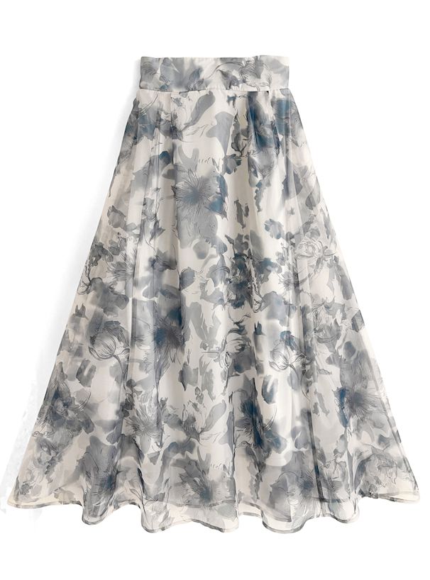 日本 GRL - 聯名款 優雅渲染碎花長裙-淺灰藍