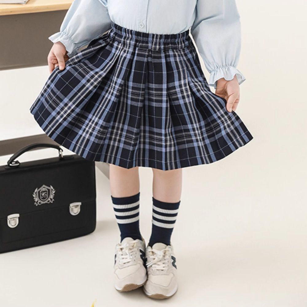 學院風格紋百摺短裙-藍色