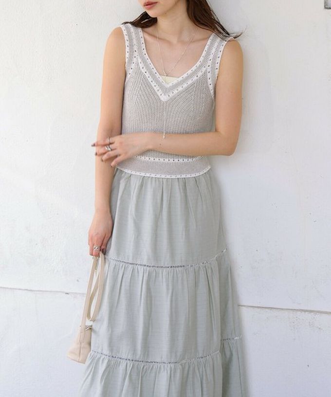 日本 Bab - 純棉針織拼接渡假風無袖洋裝-淺灰綠