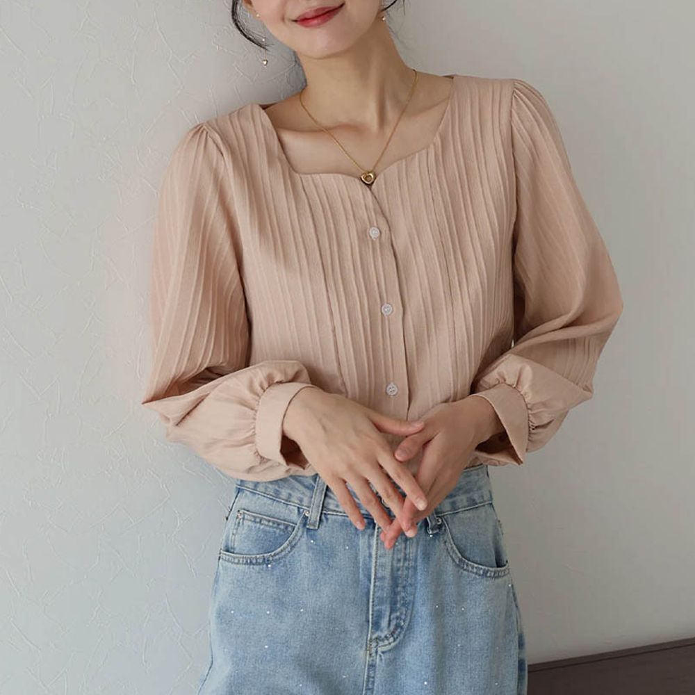 甜美心型領線條紋理長袖襯衫-杏橘