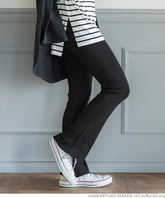 日本 COCA - 修長美腿羅紋微喇叭長褲-深綠