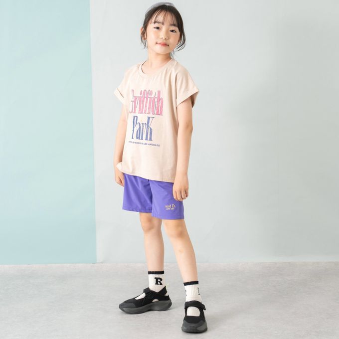 日本 petit main - 100%棉 開衩印花短袖上衣-英文logo-白