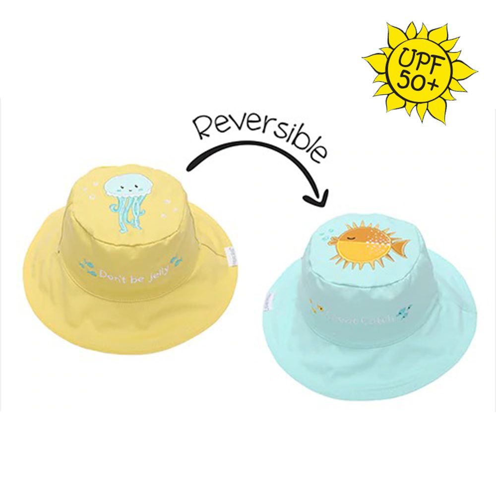 加拿大 flapjackkids - 雙面防風遮陽帽/防曬帽-魚/水母 (2y-4y)