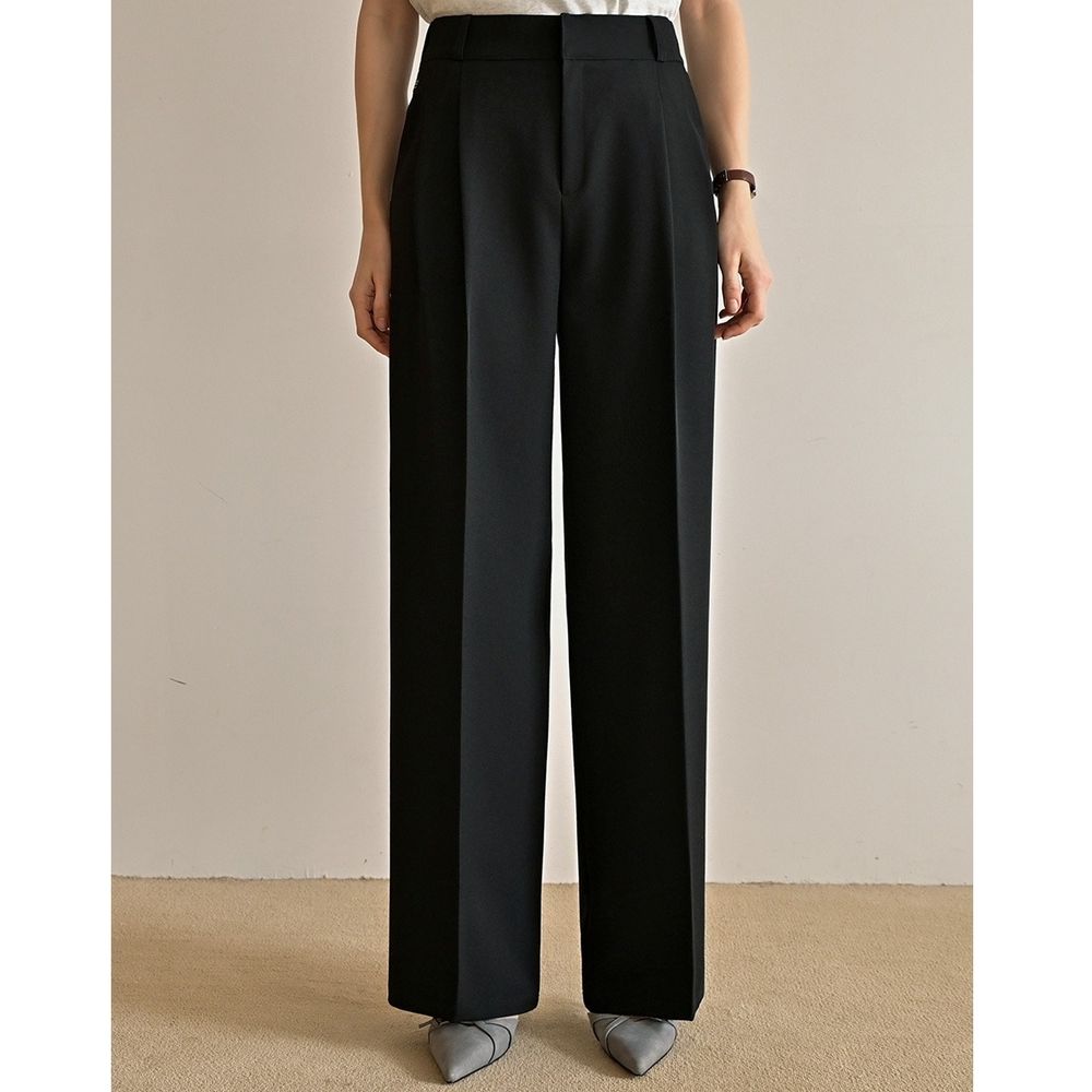 Domingoblue 後鬆緊腰雙鉤釦抓褶寬鬆西裝褲-黑