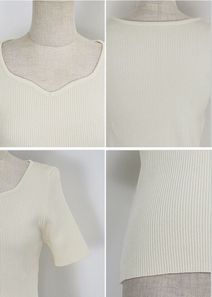 日本 BLUE EAST - 合身羅紋甜美桃心領短袖上衣-黑