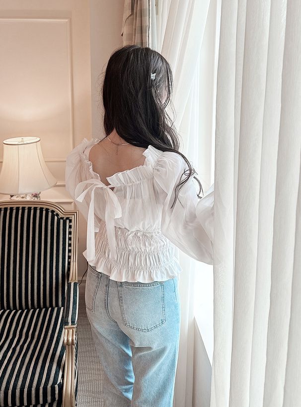 日本 GRL - 2WAY柔美紗拼接糖果袖上衣-黑 (F)