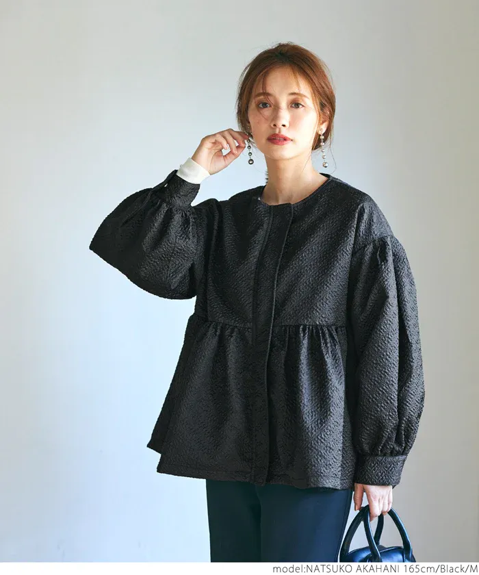 日本 COCA - 優雅緹花氣球袖薄外套-淺灰