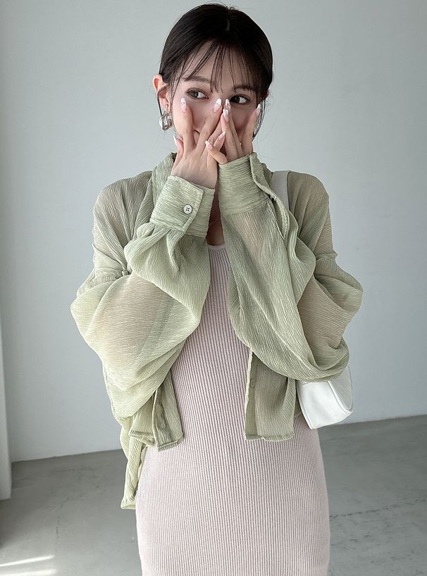 日本 GRL - 透明感楊柳短版長袖襯衫-象牙杏 (F)