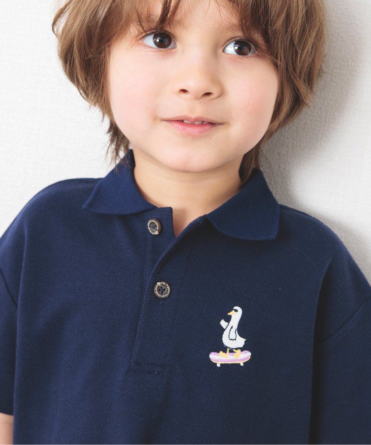 日本 BREEZE - 童趣動物刺繡短袖POLO衫-滑板鴨-深藍