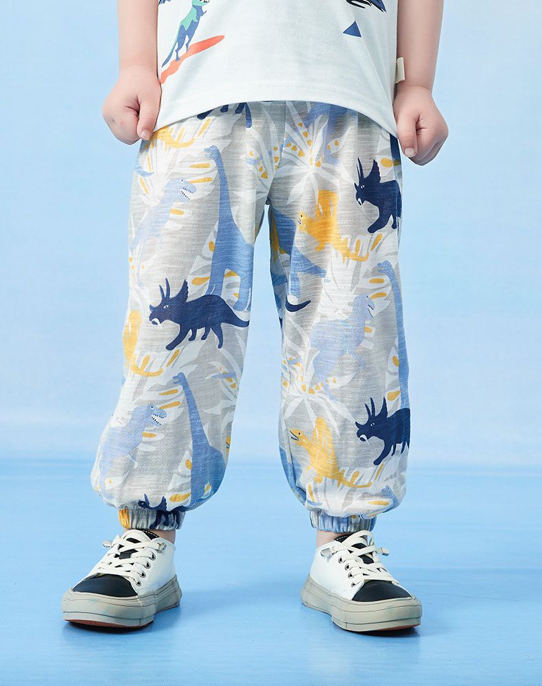 竹節棉束口長褲/防蚊褲-恐龍世界-藍+黃+灰